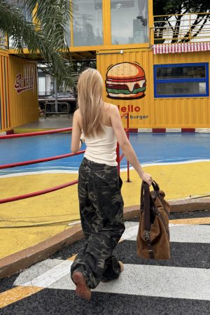 Retro Camouflage Straight Tube Pleated Pants with Waist Belt - Casual Loose Fit Long Pants for Y2K Style and Workwear