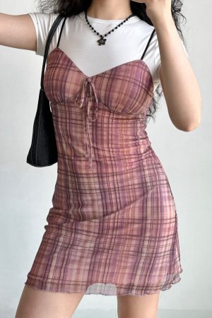 Retro Checkered Strap Dress for Women - Self-Made European American Style, Bow Detail, Slim Fit, Sleeveless Summer Fashion