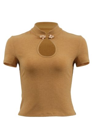 Retro Chinese Style Hollow Button Short Sleeve T-Shirt with Qipao Collar - Women's Slim Fit Top