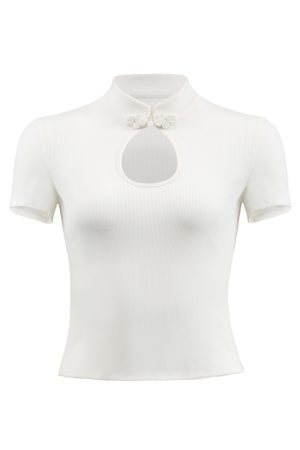 Retro Chinese Style Hollow Button Short Sleeve T-Shirt with Qipao Collar - Women's Slim Fit Top