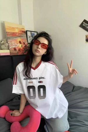 Retro Color-Block V-Neck Short Sleeve T-Shirt for Women - Trendy 90s Inspired Summer Sports Loose Top