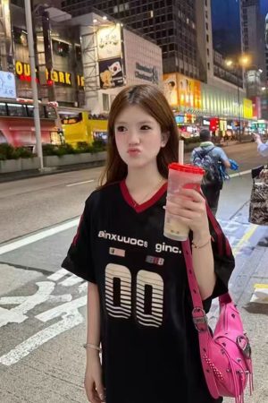 Retro Color-Block V-Neck Short Sleeve T-Shirt for Women - Trendy 90s Inspired Summer Sports Loose Top