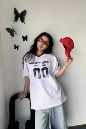 Retro Color-Block V-Neck Short Sleeve T-Shirt for Women - Trendy 90s Inspired Summer Sports Loose Top