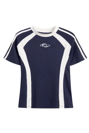 Retro Color-Blocked Raglan Short Sleeve T-Shirt for Women, Slim Fit Sporty Top, Summer Style for Trendy Girls