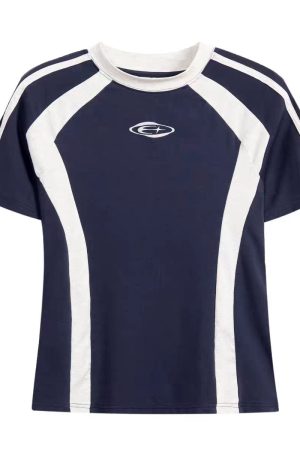 Retro Color-Blocked Raglan Short Sleeve T-Shirt for Women, Slim Fit Sporty Top, Summer Style for Trendy Girls