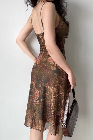 Retro Cross-Neck Printed Camisole Dress - Slim Waist, Backless, Sexy Short Skirt, European American Style, Y2K Fashion
