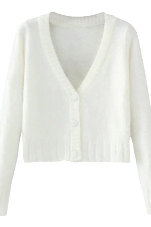Retro Cute Fluffy V-Neck Long Sleeve Knitted Cardigan Short Jacket for Early Autumn Fashion
