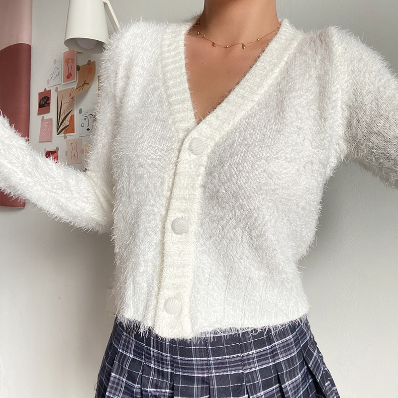 Retro Cute Fluffy V-Neck Long Sleeve Knitted Cardigan Short Jacket for Early Autumn Fashion Retro Cute Fluffy V-Neck Long Sleeve Knitted Cardigan Short Jacket for Early Autumn Fashion