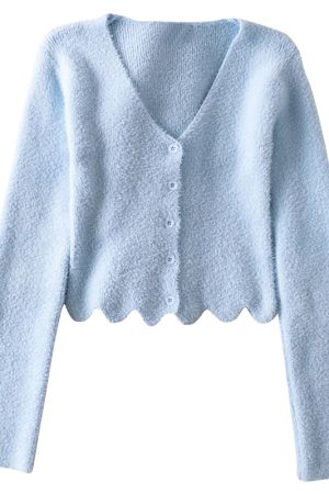 Retro Cute Girl V-Neck Ruffled Hem Fluffy High-Waisted Long Sleeve Knitted Cardigan Top - Y2K Inspired Fashion