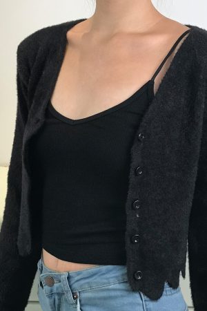 Retro Cute Girl V-Neck Ruffled Hem Fluffy High-Waisted Long Sleeve Knitted Cardigan Top - Y2K Inspired Fashion