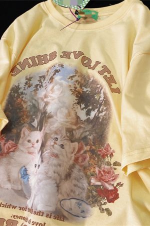 Retro Cute Kitten Graphic Pure Cotton Short Sleeve T-Shirt for Men and Women, Plus Size Loose Fit Couple Top
