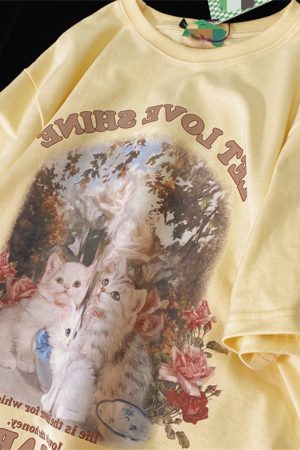 Retro Cute Kitten Graphic Pure Cotton Short Sleeve T-Shirt for Men and Women, Plus Size Loose Fit Couple Top