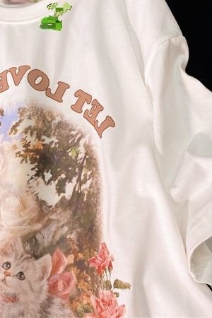 Retro Cute Kitten Graphic Pure Cotton Short Sleeve T-Shirt for Men and Women, Plus Size Loose Fit Couple Top