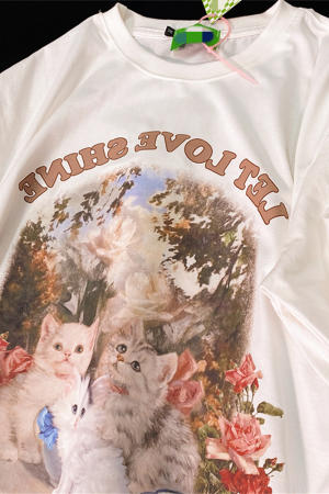 Retro Cute Kitten Graphic Pure Cotton Short Sleeve T-Shirt for Men and Women, Plus Size Loose Fit Couple Top