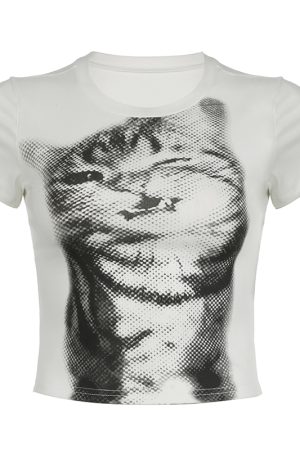 Retro Cute Kitten Print T-Shirt - Slim Fit Short Sleeve Top, Flattering and Versatile, Perfect for Y2K and 90s Inspired Fashion