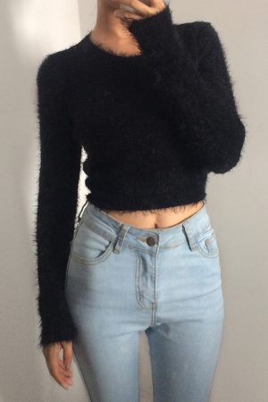 Retro Cute Multicolor Fluffy Feather Yarn Round Neck High Waist Cropped Long Sleeve Knitted Top, Y2K Inspired Fashion
