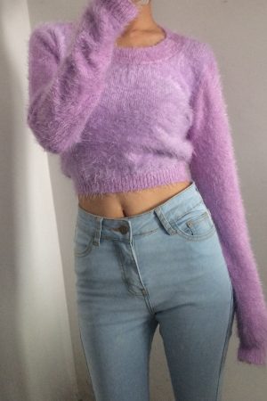 Retro Cute Multicolor Fluffy Feather Yarn Round Neck High Waist Cropped Long Sleeve Knitted Top, Y2K Inspired Fashion