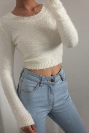 Retro Cute Multicolor Fluffy Feather Yarn Round Neck High Waist Cropped Long Sleeve Knitted Top, Y2K Inspired Fashion