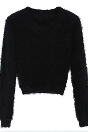 Retro Cute Multicolor Fluffy Feather Yarn Round Neck High Waist Cropped Long Sleeve Knitted Top, Y2K Inspired Fashion