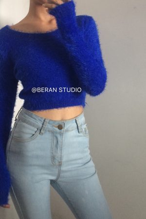 Retro Cute Multicolor Fluffy Feather Yarn Round Neck High Waist Cropped Long Sleeve Knitted Top, Y2K Inspired Fashion