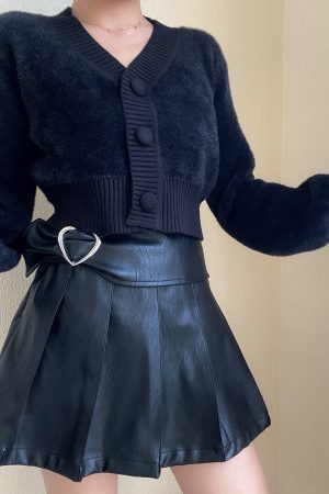 Retro Cute V-Neck Big Button High Waist Short Solid Color Faux Mink Plush Lantern Sleeve Knit Cardigan for Y2K Style Fashion