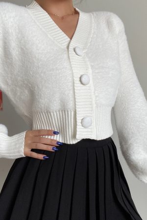 Retro Cute V-Neck Big Button High Waist Short Solid Color Faux Mink Plush Lantern Sleeve Knit Cardigan for Y2K Style Fashion