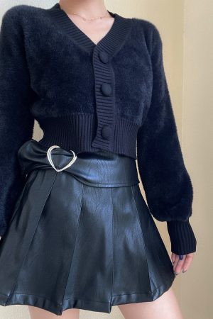 Retro Cute V-Neck Big Button High Waist Short Solid Color Faux Mink Plush Lantern Sleeve Knit Cardigan for Y2K Style Fashion