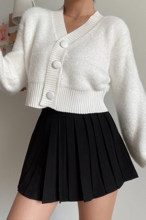 Retro Cute V-Neck Big Button High Waist Short Solid Color Faux Mink Plush Lantern Sleeve Knit Cardigan for Y2K Style Fashion