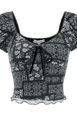 Retro Deep V Black Floral Short Sleeve T-Shirt for Women - Summer Puff Sleeve Top in European and American Style