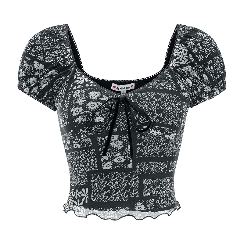 Retro Deep V Black Floral Short Sleeve T-Shirt for Women - Summer Puff Sleeve Top in European and American Style Retro Deep V Black Floral Short Sleeve T-Shirt for Women - Summer Puff Sleeve Top in European and American Style