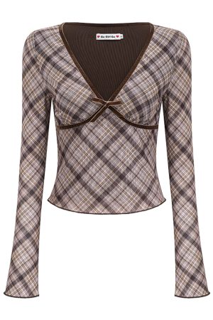 Retro Deep V-Neck Long Sleeve Plaid T-Shirt for Women - Slim Fit Cropped Top, European American Style, 90s Inspired Fashion