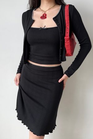 Retro European American Style Three-Piece Set: DIY New Year Camisole, Cardigan, and Skirt for Hot Girl Aesthetic