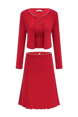 Retro European American Style Three-Piece Set: DIY New Year Camisole, Cardigan, and Skirt for Hot Girl Aesthetic