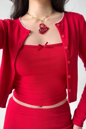 Retro European American Style Three-Piece Set: DIY New Year Camisole, Cardigan, and Skirt for Hot Girl Aesthetic