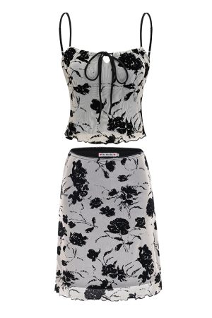 Retro Floral Print Camisole and High-Waisted Bodycon Skirt Two-Piece Set - European and American Style, Perfect for 90s and Y2K Fashion