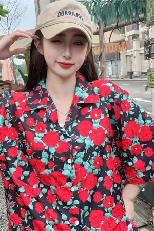 Retro Floral Short Sleeve Shirt for Women - Summer Hawaiian Style Casual Top, Loose Fit for Beach and Everyday Wear