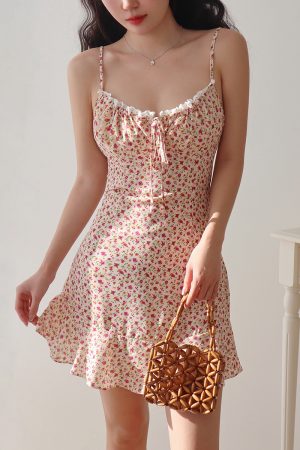 Retro Floral Slip Dress for Women - V-Neck, Tie Waist, Slimming Mini Dress for Vacation, 90s Style