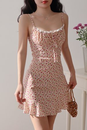 Retro Floral Slip Dress for Women - V-Neck, Tie Waist, Slimming Mini Dress for Vacation, 90s Style