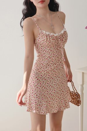 Retro Floral Slip Dress for Women - V-Neck, Tie Waist, Slimming Mini Dress for Vacation, 90s Style