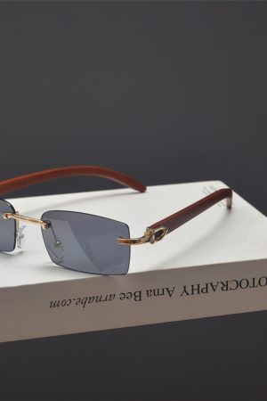 Retro Frameless Cut-Edge Rectangular Wooden Grain Sunglasses for Men and Women - Trendy Hip-Hop Party Eyewear for Small Faces