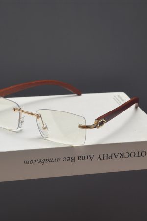 Retro Frameless Cut-Edge Rectangular Wooden Grain Sunglasses for Men and Women - Trendy Hip-Hop Party Eyewear for Small Faces