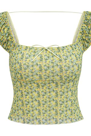 Retro Fruit Print Square Neck Short Crop T-shirt for Women - Summer Slim Fit Puff Sleeve Top in European and American Style