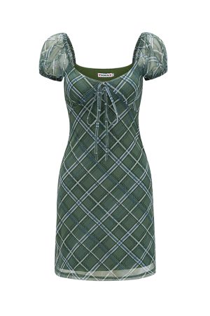 Retro Green Plaid Puff Sleeve Dress for Women - Summer Waist-Cinching Slim Fit, European American Style, Y2K Fashion