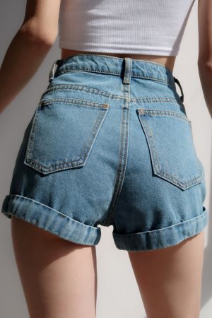 Retro High-Waisted Cuffed Denim Shorts for Women - Classic Slim Fit, Flattering Long Leg, European American Style