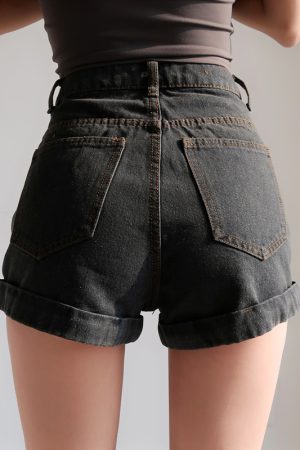 Retro High-Waisted Cuffed Denim Shorts for Women - Classic Slim Fit, Flattering Long Leg, European American Style