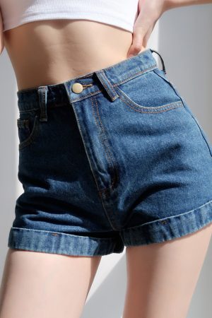 Retro High-Waisted Cuffed Denim Shorts for Women - Classic Slim Fit, Flattering Long Leg, European American Style