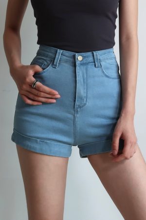 Retro High-Waisted Slim-Fit Rolled-Up Denim Shorts for Women - European and American Style, Stretchy, Chic Casual Wear