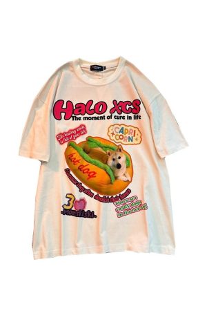 Retro Hot Dog Print Cotton Short-Sleeve T-Shirt for Men and Women - Plus Size Loose Trendy Couple Top