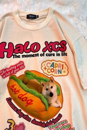 Retro Hot Dog Print Cotton Short-Sleeve T-Shirt for Men and Women - Plus Size Loose Trendy Couple Top