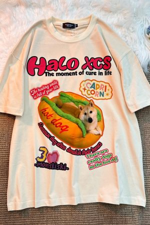 Retro Hot Dog Print Cotton Short-Sleeve T-Shirt for Men and Women - Plus Size Loose Trendy Couple Top